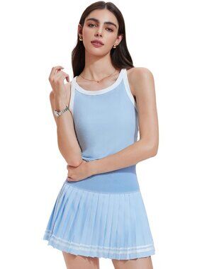 Women's Sky Blue 2 Piece Racer Back Tennis Skirt Tank Top Pull On Golf Dress